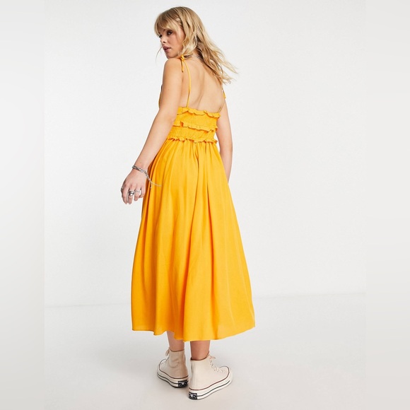 Topshop shirred ruffle midi dress in ochre size 8 - Picture 4 of 8